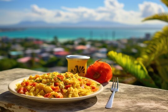 Jamaican ackee and saltfish with a backdrop of a colorful Kingston neighborhood.