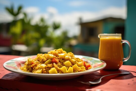 Jamaican ackee and saltfish with a backdrop of a colorful Kingston neighborhood.