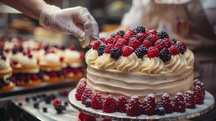 Bakers decorating elaborate cakes in a bakery, precision and creativity - obrazy, fototapety, plakaty