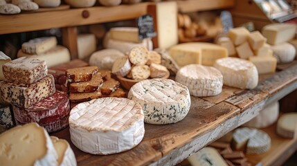 Artisan cheese shop, selection of fine cheeses, rustic and gourmet setting