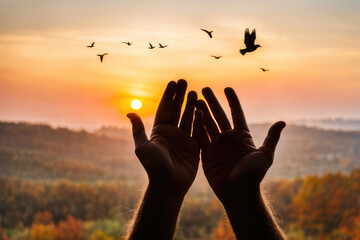 Easter Religious concept: Silhouette Jesus Christ open spiritual hands with birds flying over blurred autumn sunset background
 - obrazy, fototapety, plakaty