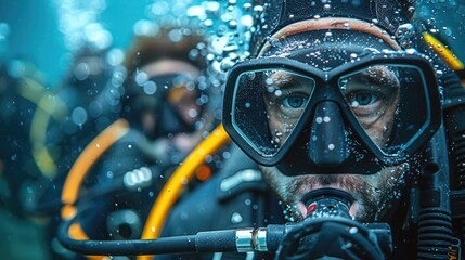 Dive instructors teaching scuba diving classes, exploration and teaching - obrazy, fototapety, plakaty