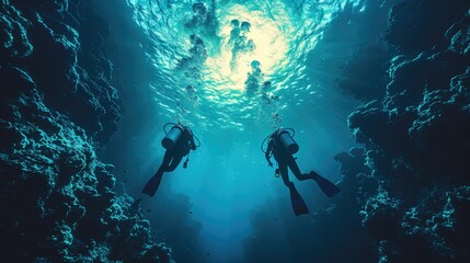 Naklejka na ściany i meble Dive instructors teaching scuba diving classes, exploration and teaching