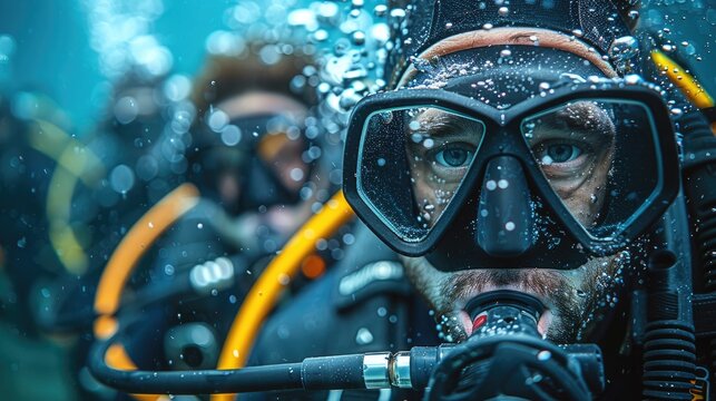 Dive instructors teaching scuba diving classes, exploration and teaching