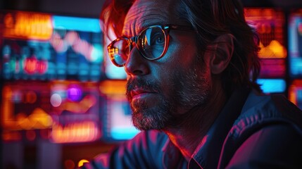 Fototapeta premium Financial analyst reviewing market data on multiple screens in an office