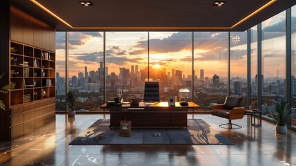 Luxurious executive office, dark wood furniture, skyline view, reflecting power and success
