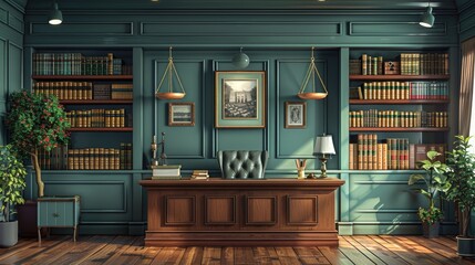 Lawyer's office, classic design, legal books, and scales of justice, conveying trust - obrazy, fototapety, plakaty