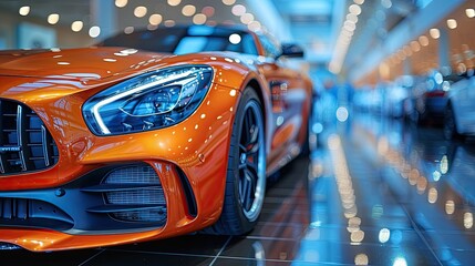Luxury car dealership, elegant showroom, high-end vehicles and professional salesperson