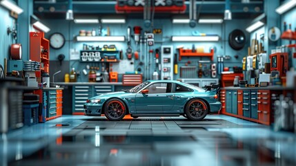 Professional car repair shop, mechanics at work, organized and efficient