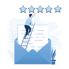 Businessman on ladder in envelope with five stars rating. User experience, positive customer feedback for product or satisfaction rating, reviews. High quality service or product