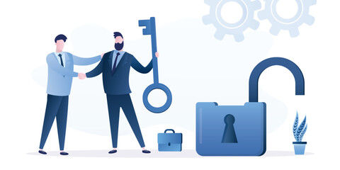 Businessmen handshake after difficulty and successful negotiation. Find secret key, method to achieve highest result in work, teamwork, cooperation for great success,