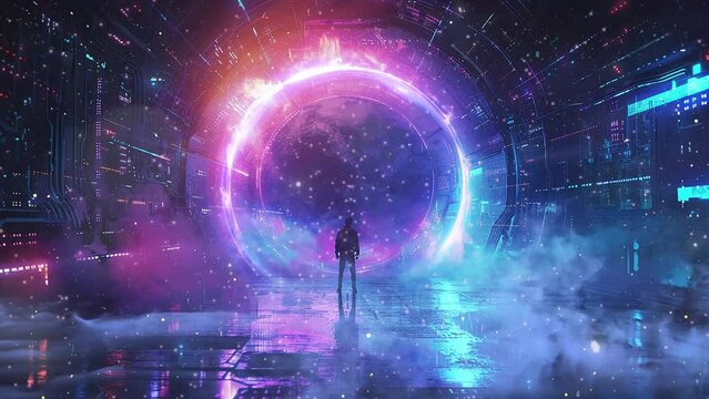 virtual reality voyage ethereal visitor materializes. seamless looping overlay 4k virtual video animation background