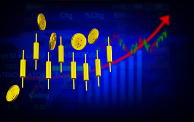 3D rendering gold candlesticks with coins, Market graph, and chart illustration blurred background, concept business finance growth, stock investment, and economic success 