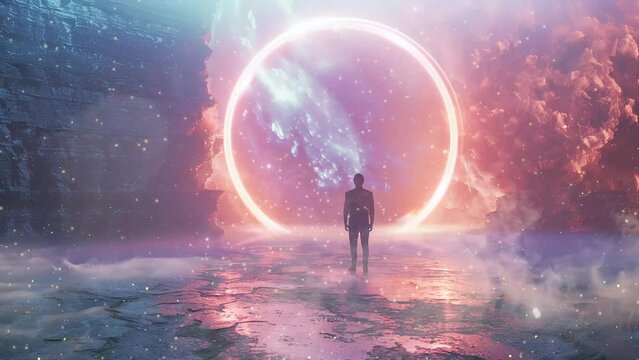 virtual reality oasis ethereal visitor materializes. seamless looping overlay 4k virtual video animation background