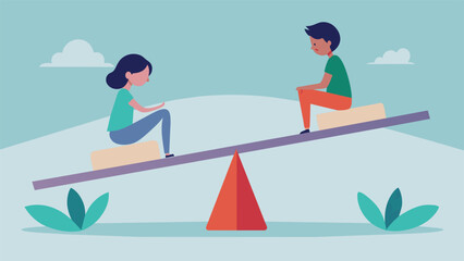 Two people sitting on opposite ends of a seesaw both struggling to find balance representing the unequal and distant relationship between a