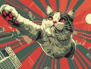 Pop art, superhero cat saving the city from Pop art, giant laserpointing menace , no contrast