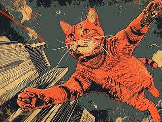 Pop art, superhero cat saving the city from Pop art, giant laserpointing menace , no contrast