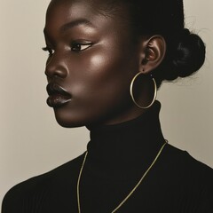Portrait of an African American woman wearing a black turtleneck with a chain and a Catholic cross around her neck. Fashion and beauty, religiosity.