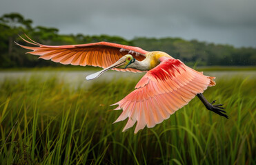 Fototapeta premium An orange and pink roseate spoonbill in flight