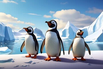 penguins family on iceberg in the blue sky