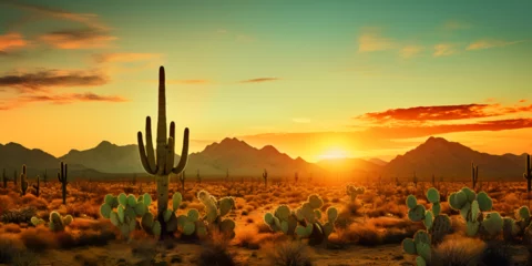 Zelfklevend Fotobehang A desert landscape with cactus rugged solitude heatwave Southwest sunset background  © Hassan