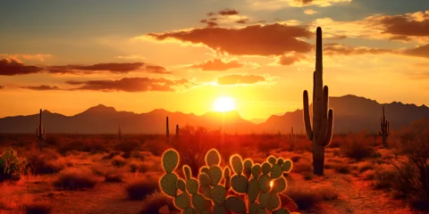 Tuinposter A desert landscape with cactus sunset time dry heat barren wilderness sunset background  © Hassan