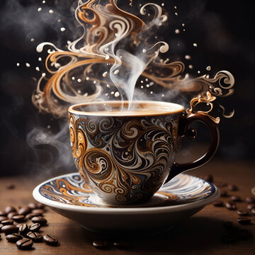 A steaming cup of coffee, its intricate patterns and swirls in a mesmerizing dance