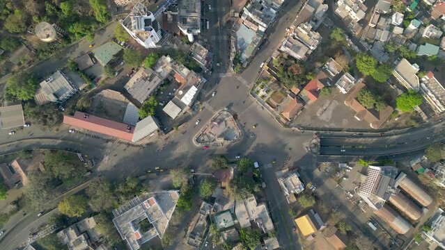 Chhatrapati Shivaji Maharaj Circle , Ganesh Mandir closeup drone view in satara in maharashtra