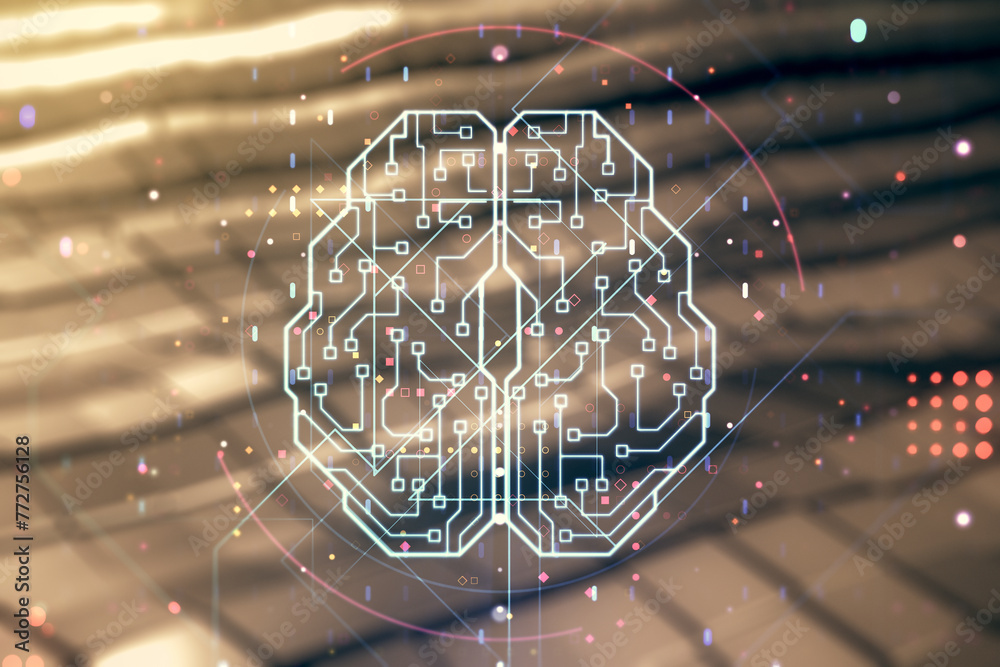 Poster virtual creative artificial intelligence hologram with human brain sketch on abstract metal backgrou