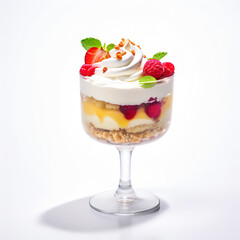 dessert with cream and berries in a glass on a white background