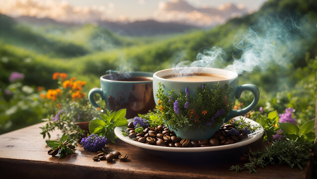 A cup of coffee surrounded by herbs and in the cup, nature with composition being green
