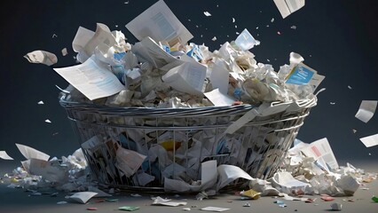 A trash basket full of paper