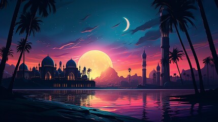 A 90's mosque with a vibrant color with glowing sunset sky, Generative ai