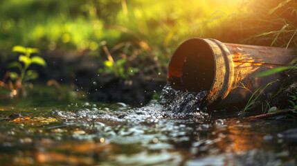 Sewage pipe discharging dirty water into the clean water of a river , water pollution by industry concept image