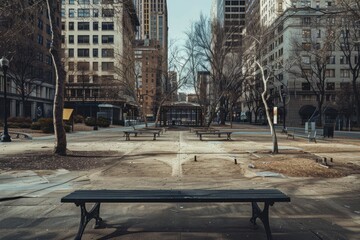 A deserted city plaza surrounded by abandoned buildings, with empty benches, deserted cafes, and...