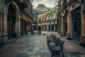 A deserted city plaza surrounded by abandoned buildings, with empty benches, deserted cafes, and...