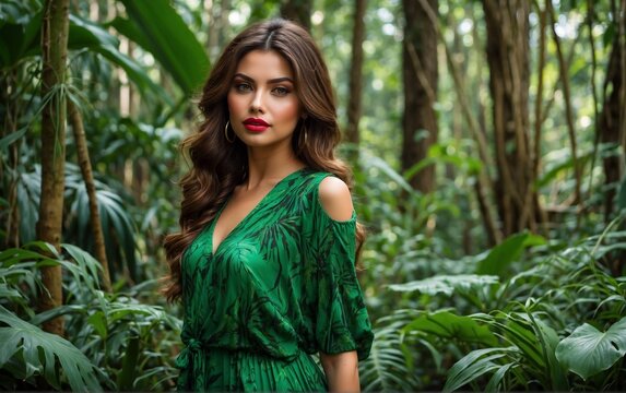 portrait of a woman in the jungle wearing green dress