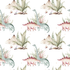 Watercolor dinosaur seamless pattern. Hand painted cute dinosaurs, tropical palm tree, jungle leaves, mountains. Dino illustration for design, wallpaper, scrapbooking
