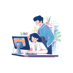 A boy and girl working at the desk flat illustration
