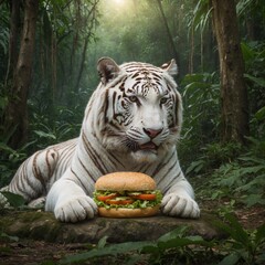 white tiger in the jungle eating burger
