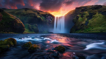  A stunning landscape photograph of the breathtaking waterfall at Sunset in Iceland © Kien