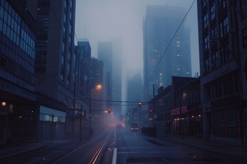 A deserted downtown district engulfed in fog, with tall buildings disappearing into the mist, and...
