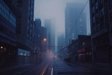 Abwaschbare Fototapete A deserted downtown district engulfed in fog, with tall buildings disappearing into the mist, and the sound of distant sirens echoing through the silent city streets, Generative AI © Formatikastd