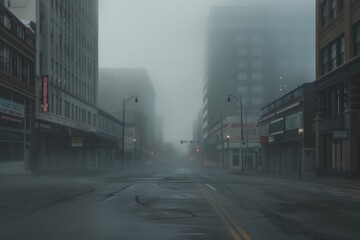 A deserted downtown district engulfed in fog, with tall buildings disappearing into the mist, and...