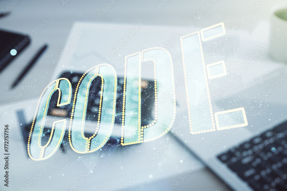 Poster Code word hologram on blurry calculator and computer background, international software development concept. Multiexposure