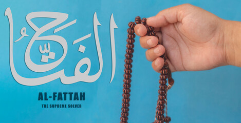 Hand of Muslim woman holding prayer beads, 99 Names of God, Muslim woman praying Name Of Allah Al...