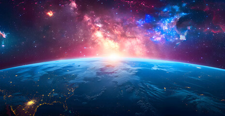 View of Earth from space with a vibrant new galaxy in the background, serene atmosphere, feeling of calm and safety, cosmic perspective, - Powered by Adobe
