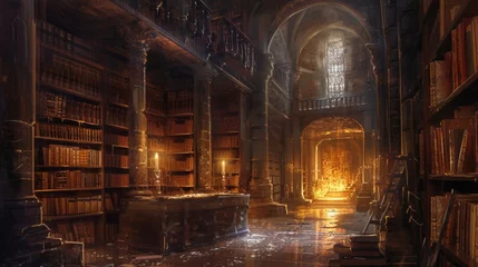 Cercles muraux Vieil immeuble An ancient library with towering bookshelves, hidden alcoves, and magical glowing manuscripts. Resplendent.