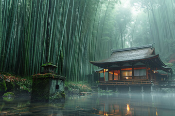 A japanese building in a foggy bamboo forest