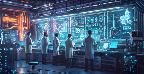 Depict scientists in a lab with holographic quantum physics equations floating in the air and complex machinery that suggests advanced research space
